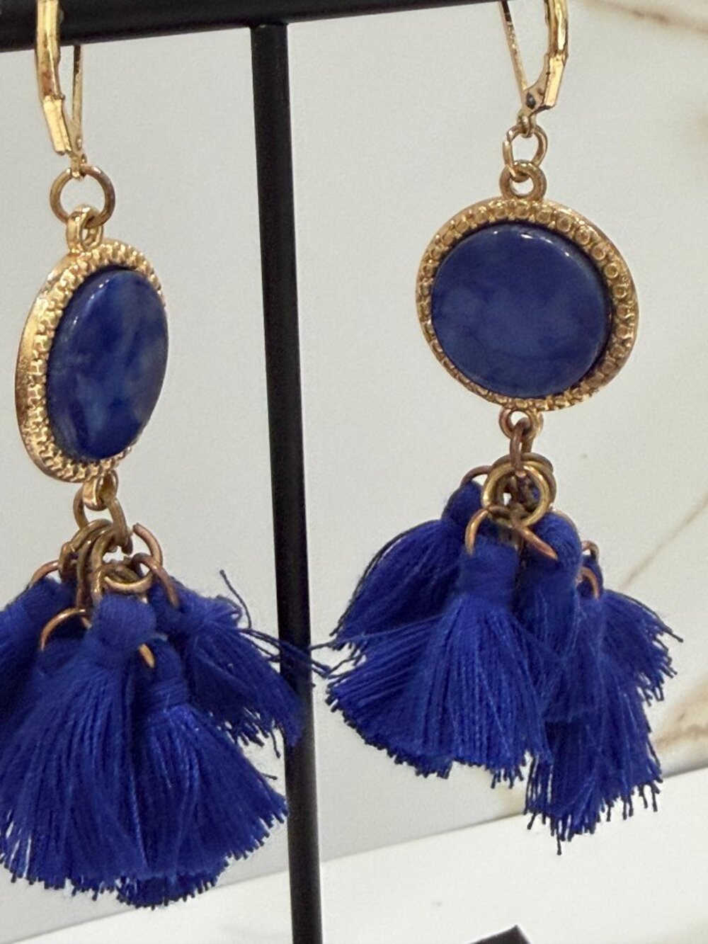 Cobalt Blue Tassel Drop Earrings Gold Tone Faux Lapis Stone Leverback